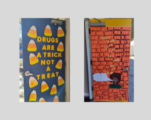 Classroom doors decorated by learners to raise awareness of the dangers of drug use.