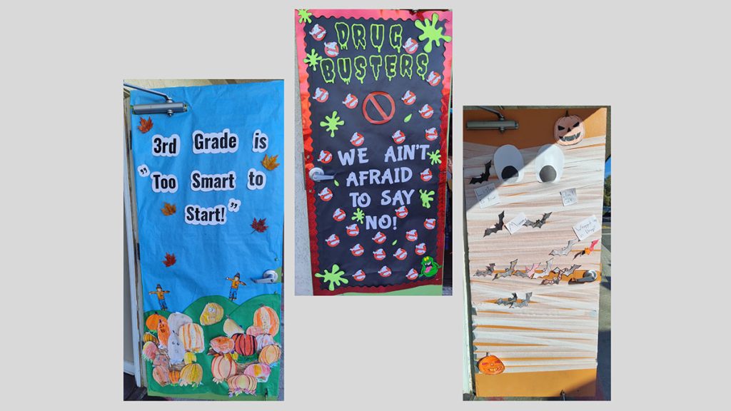 Classroom doors decorated by learners to raise awareness of the dangers of drug use.