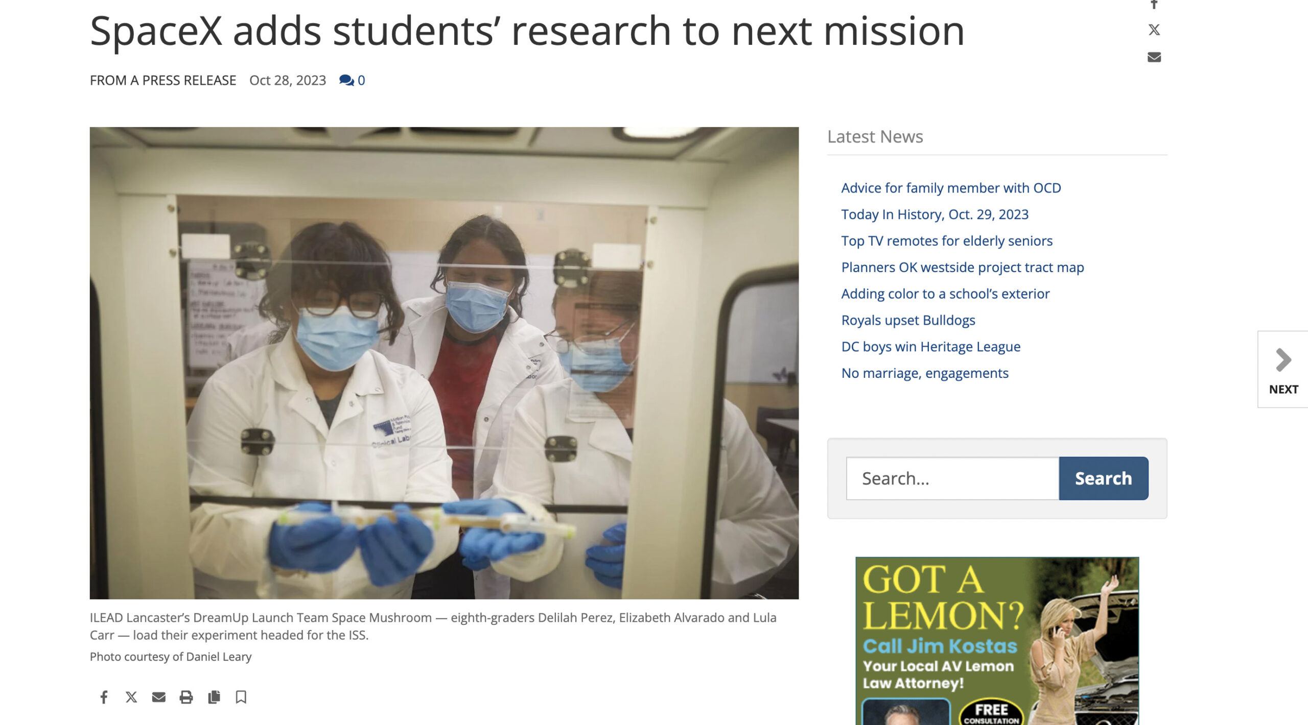 AV Press SpaceX adds students' research to next mission 10.2023