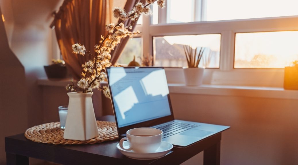 tea laptop flowers sunshine desk