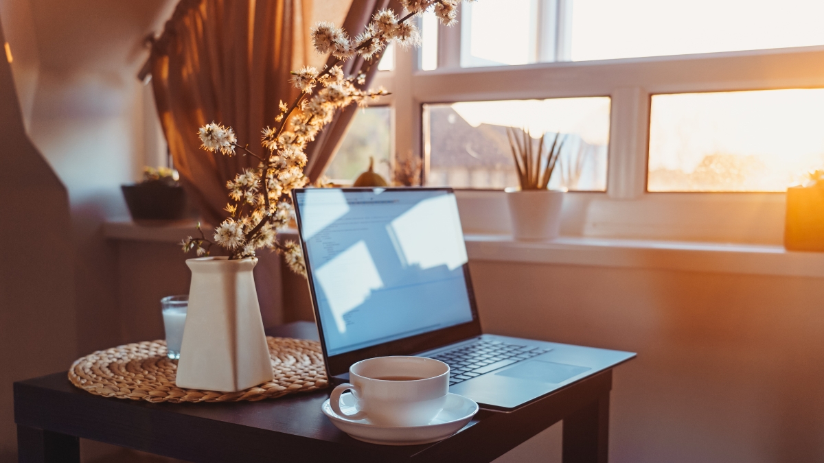 tea laptop flowers sunshine desk